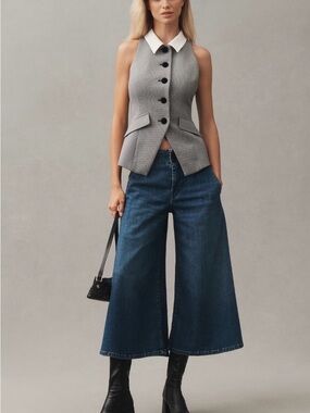 Pilcro Dark Blue Wide-Leg Cropped Jeans